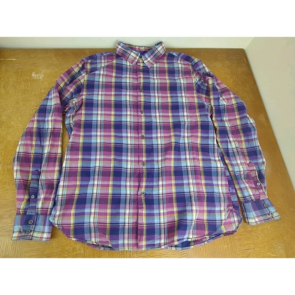 John Varvatos‎ Long Sleeve Button Down Shirt Men's Sz XL Plaid Purple Cotton